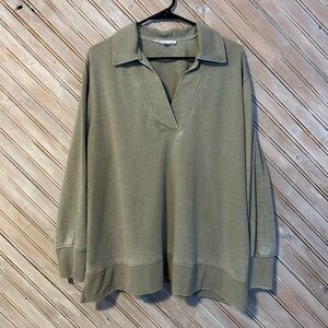 Jane and Delancey Washed Olive Green Deep V-Neck Collar Sweater